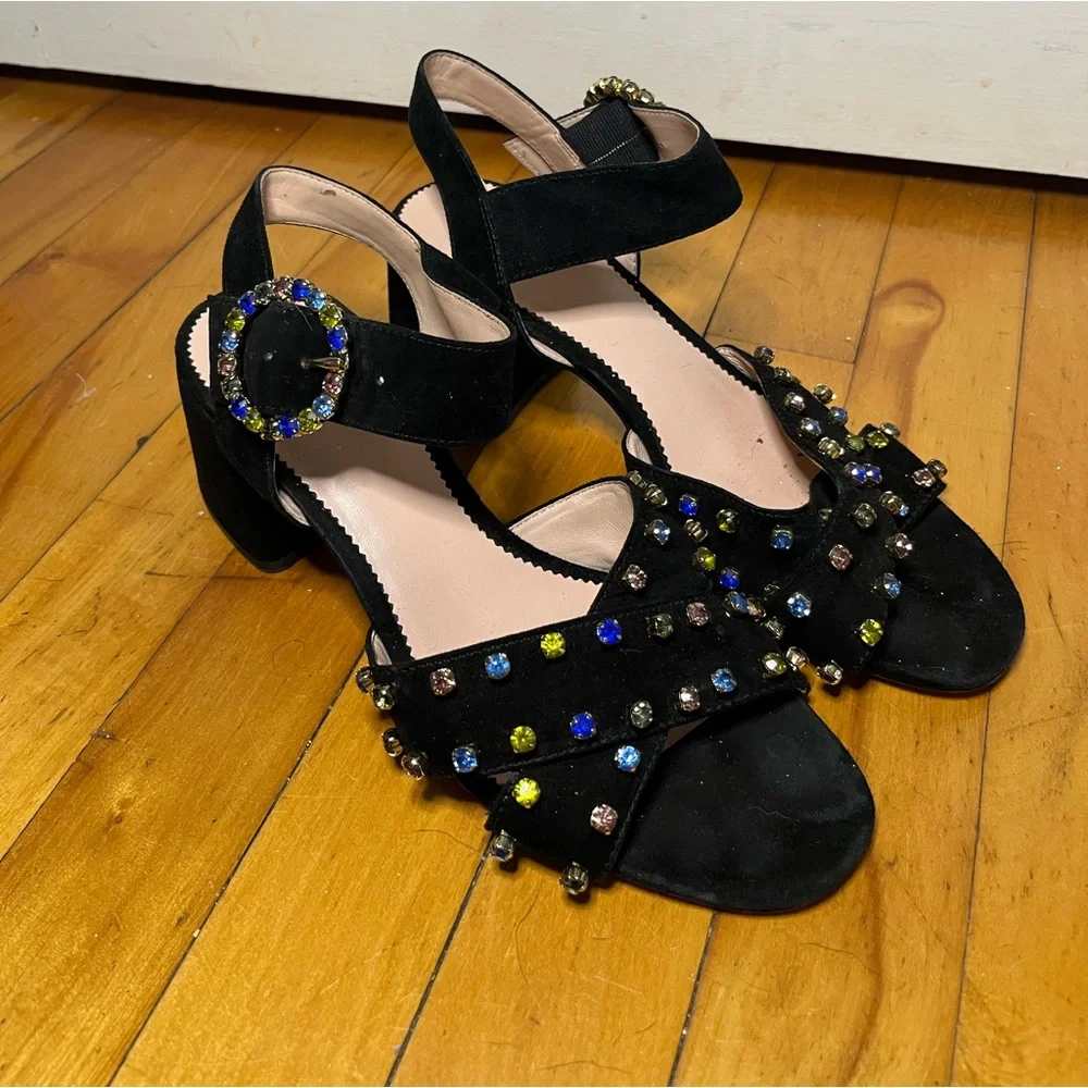 J. Crew Black Suede Penny Sandals‎ Crystals Rhinestones Size 8 New Years Party
